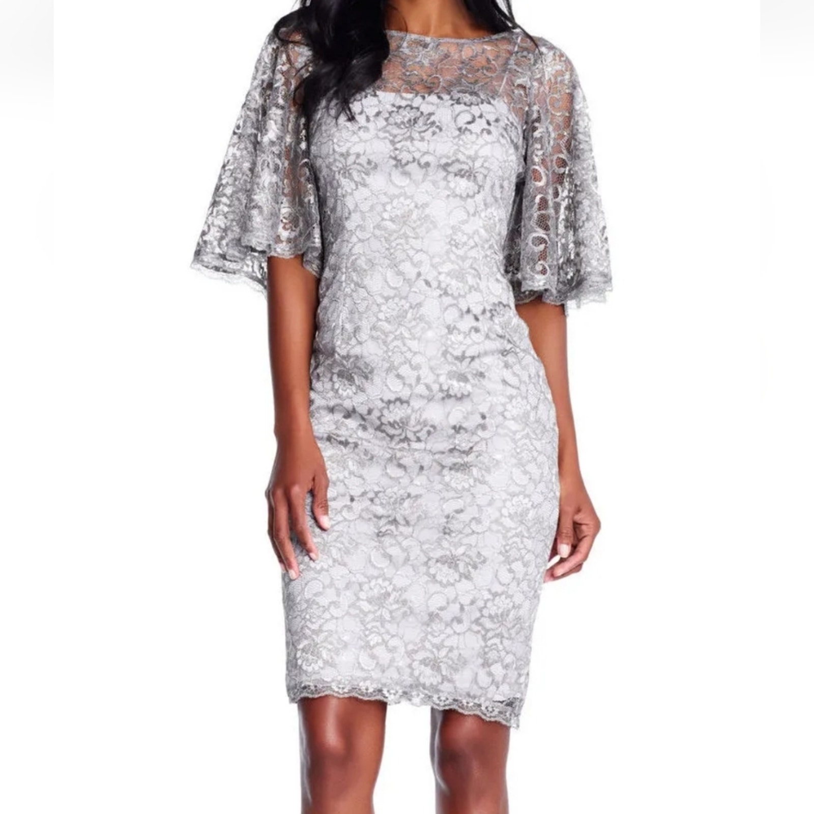 Adrianna Papell Metallic Lace Cocktail Dress With Sheer Flared Sleeves Size 22w
